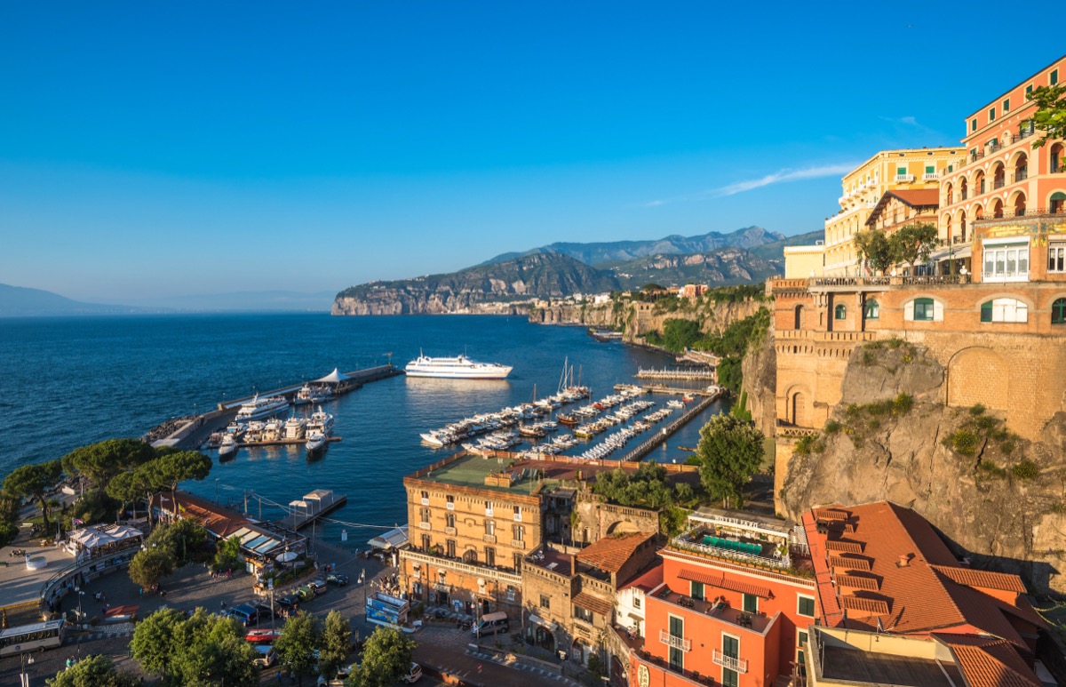 Sorrento harbour with a ferry in the Gulf of Naples